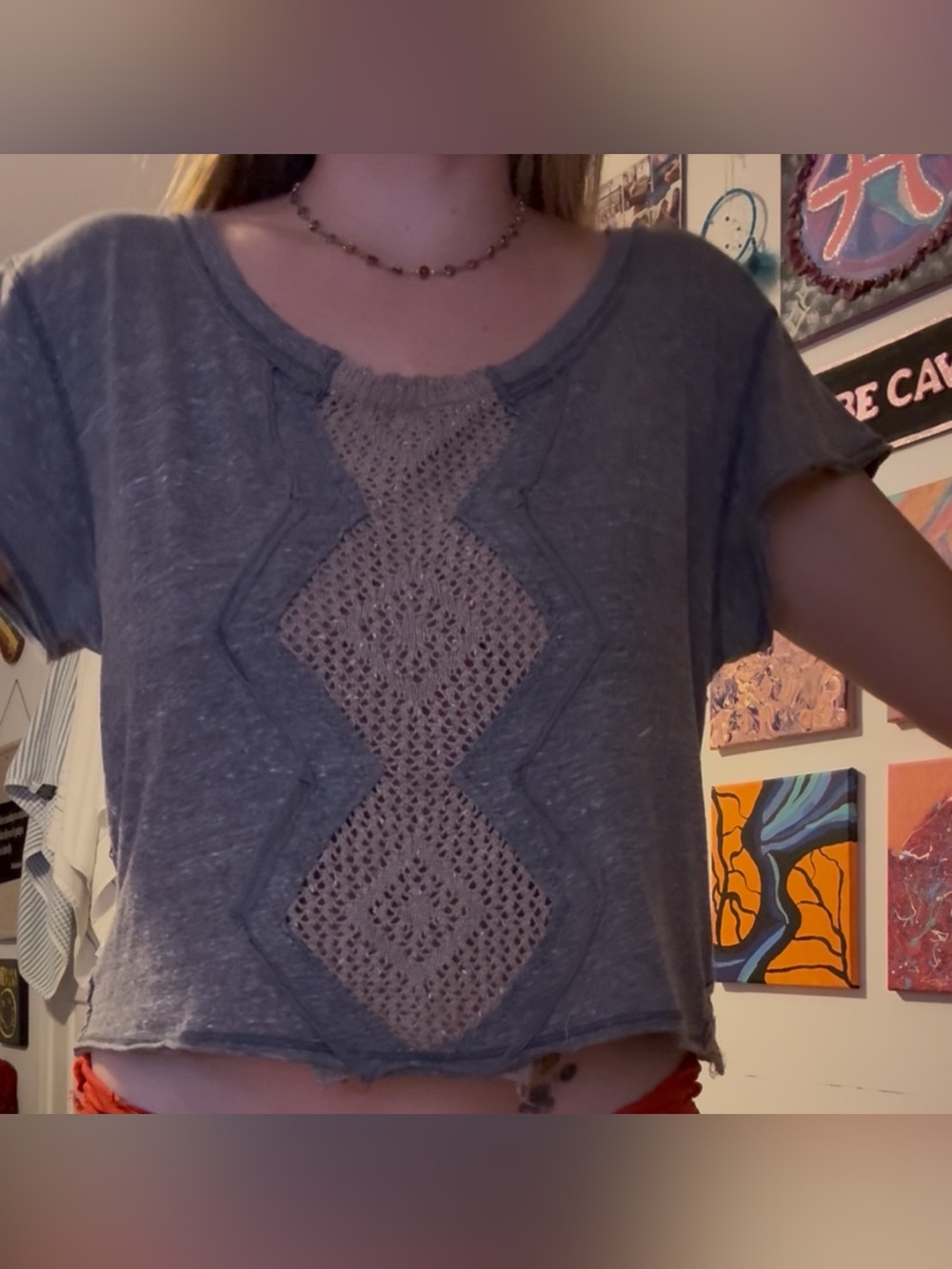 📿VINTAGE📿 Free People We the Free Heather Grey Crochet Knit Open Back Cut Out